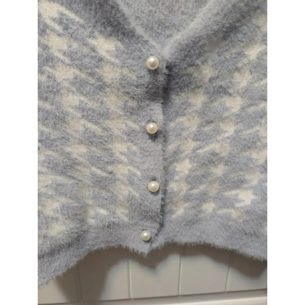 Haute Monde Blue & WHITE Long Sleeved Cardigan Cropped Sweater Size S NWT!